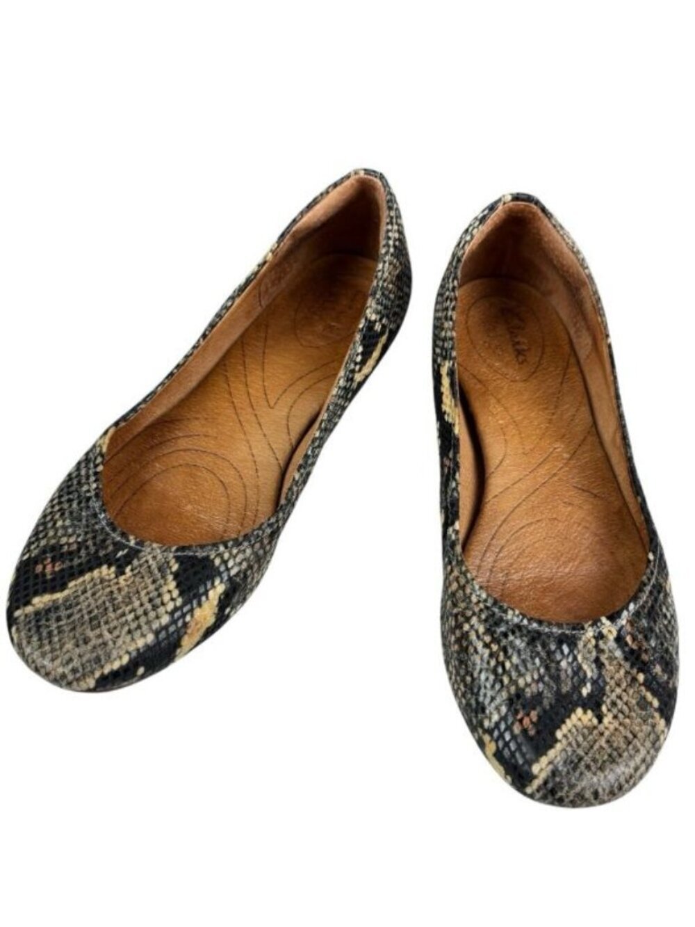 EUC Clarks Women’s Black/Tan Snake Print Classic Ballet Flats Sz 7.5 M